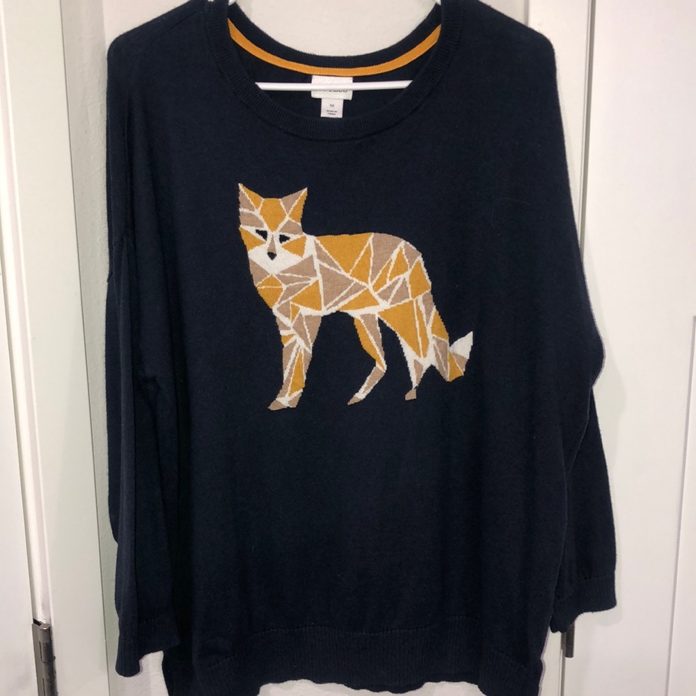 Stylus Long sleeve sweater Size 1X Navy blue gold tanning cream Fox logo Animals